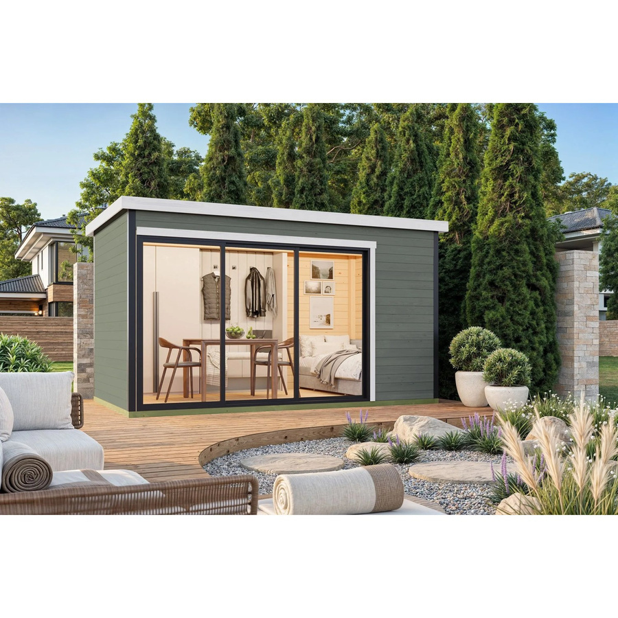 Lasita Gartenhaus Austin Blockbohlenhaus mit Flachdach in Grau-Grün lasiert, B/H/T: 439,6 x 239,4 x 259,6 cm - Bild 3