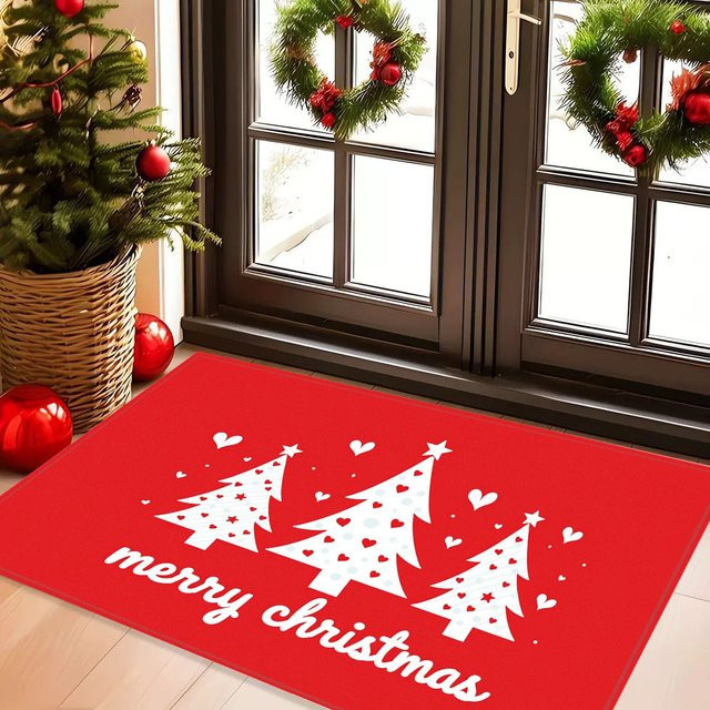 VIKAMA Weihnachts-Teppich mit Weihnachtsbaum-Motiv, rot, rutschfest und schmutzabweisend, B/T: 60 x 40 cm - Bild 1