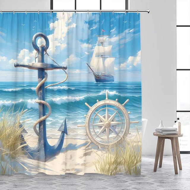 Dai Jiaochuan Duschvorhang Blue Ocean mit Leuchtturm und Meereswellen in Aquarellkunst, Blau, B: 60 cm, H: 190 cm - Bild 1