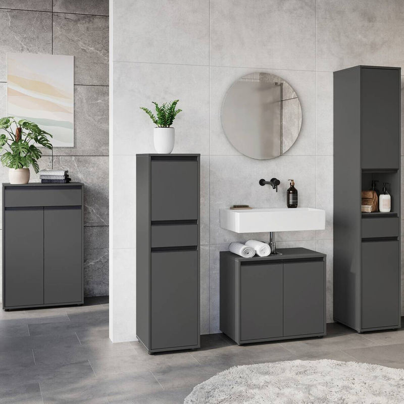 Badezimmer-Set Germania 9933-547 in Graphit mit Waschbeckenunterschrank, Midischrank, Hochschrank, Kommode und Spiegel, B/H/T: 249 x 190 x 34 cm - Bild 2