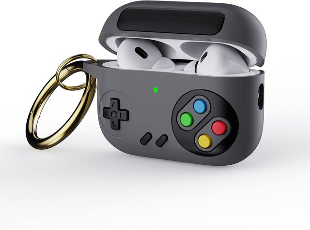 Retro-Spielekonsole Silikonhülle für Apple AirPods 4, 3, 2 und Pro 2/3, Grau mit Metallring - Bild 1
