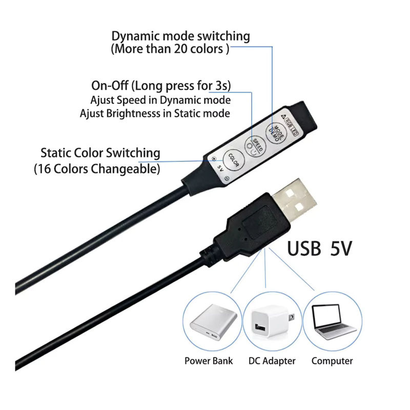 FEICAN RGB LED-Streifen 5050 mit 3 Tasten und USB-Anschluss für TV-Hintergrundbeleuchtung, Multicolour, abschneidbar - Bild 2