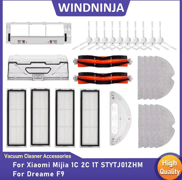 WINDNINJA Ersatzteil-Set für Xiaomi Mijia 1C 2C 1T und Dreame F9 aus Kunststoff mit Filter, Mopp-Tuch, Seitenbürste, Abdeckung, Wassertank und Staubbox - Bild 1