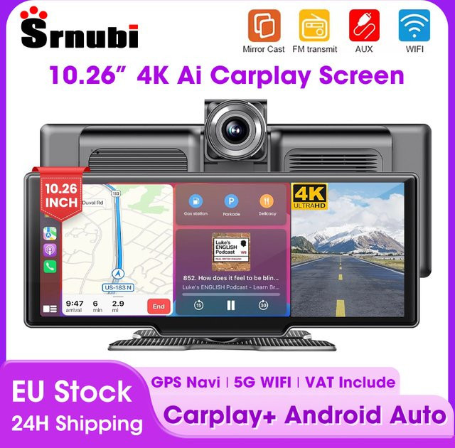 srnubi Dash Cam mit 10,26 Zoll Display, 4K Video Recorder mit Wireless CarPlay und Android Auto, Rückfahrkamera, Navigation Player mit Wi-Fi und AUX, Schwarz - Bild 1