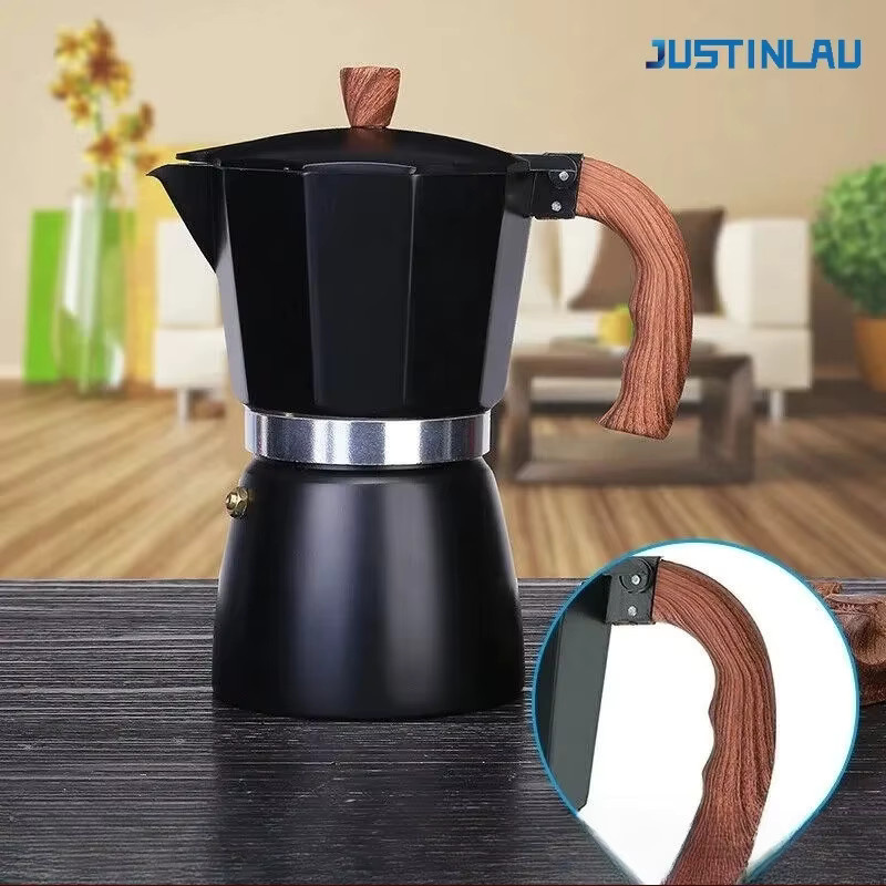 JUSTINLAU Moka-Topf aus Aluminium in Schwarz mit italienischem Holzgriff für Espresso und Kaffee - Bild 2