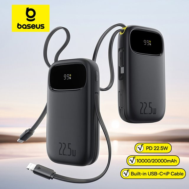 Baseus Power Bank mit 22,5 W Schnellladung und integrierten USB-C sowie Lightning Kabeln, 10000 mAh Kapazität, Farben: Schwarz oder Lila - Bild 1