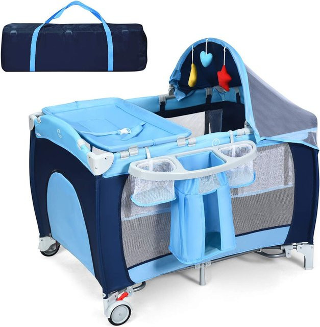 GOFLAME 4-in-1 Reisebett mit Schaukelfunktion, Babywiege, Wickeltisch und Laufstall inklusive Musikbox und Spielbogen in Blau - Bild 1