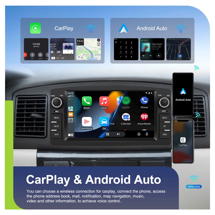 Podofo Carplay Android Autoradio mit GPS für Toyota Corolla E120 2000-2007, E130 2004-2007 und BYD F3 2006-2013 in Schwarz - Bild 3