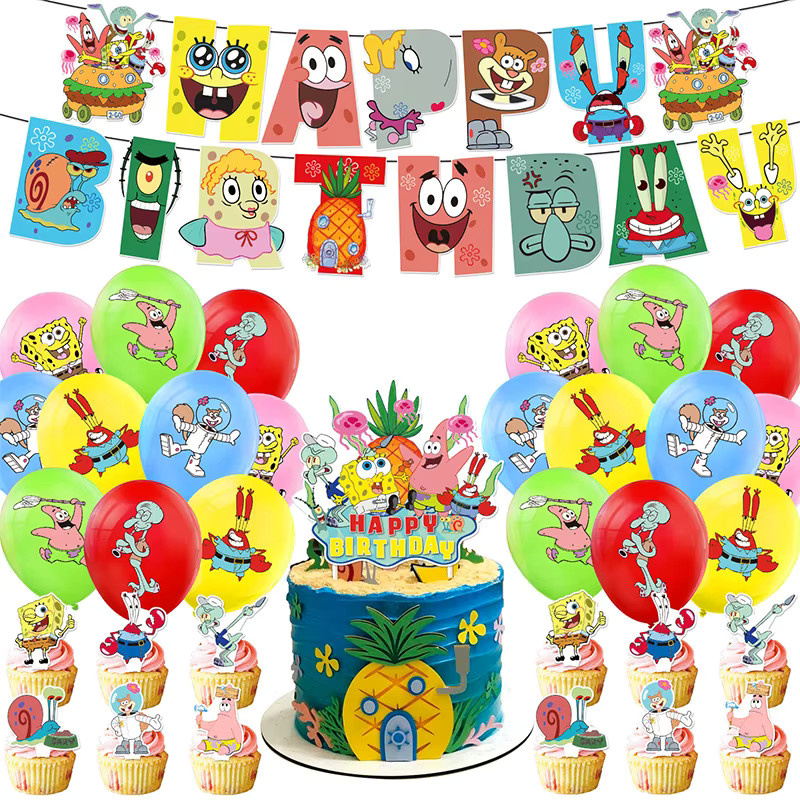 SpongeBob Party Dekoration Set von Bandai mit Einwegbesteck, Tellern, Luftballons, Banner und Kuchen Topper in Multicolor - Bild 2