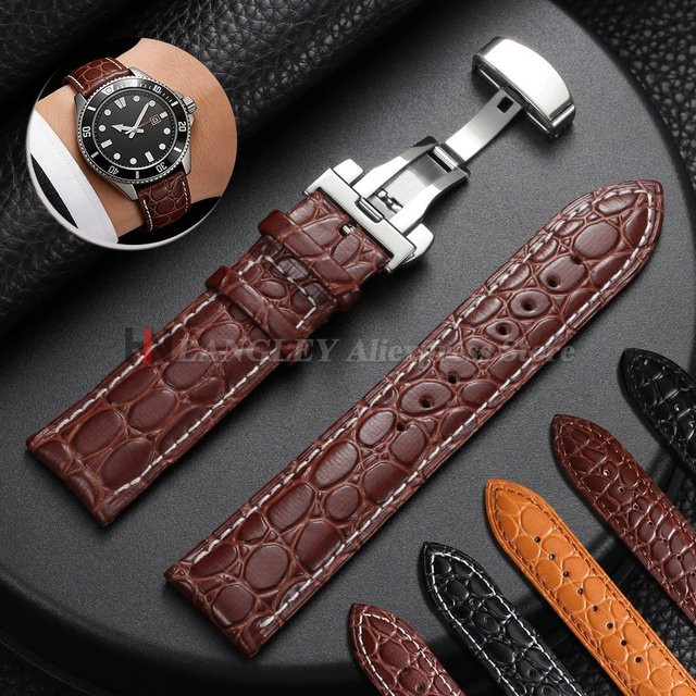 langley Uhrenarmband Leder, Krokodilmuster, Schmetterlingsverschluss, Unisex - Bild 1