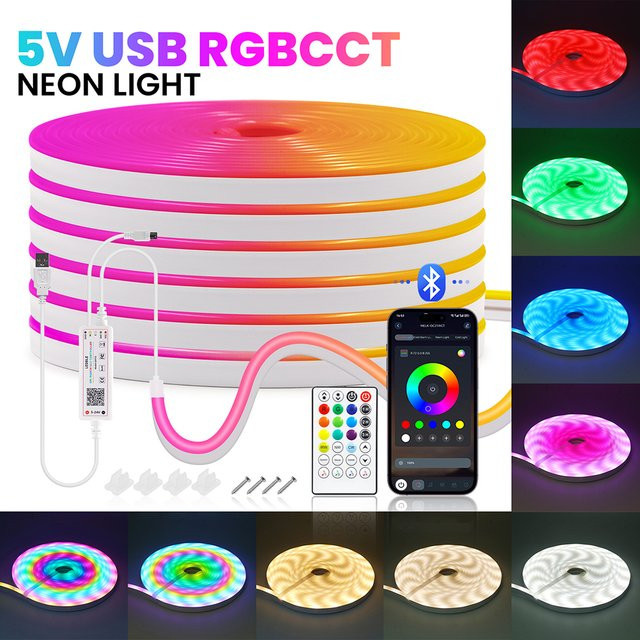 KISUFU RGBCCT Neon-LED-Streifenlicht mit Bluetooth und 28-Tasten-Fernbedienung, Wasserdichtes RGBWW Neon Flex Band mit 108 LED/m, 5V USB-Anschluss, Multicolour - Bild 1
