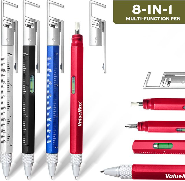 8-in-1 Multitool-Stift Set in Schwarz aus Metall mit Schraubendrehern, Lineal und Wasserwaage als kompakter EDC-Multifunktionsstift - Bild 1