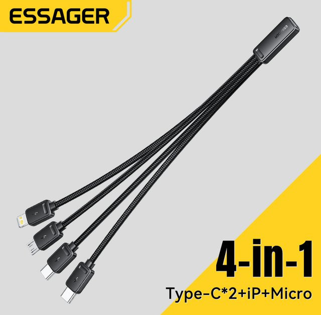 Essager 4-in-1 Schnellladekabel Schwarz mit USB-C, Micro-USB und Lightning Adaptern - Bild 1