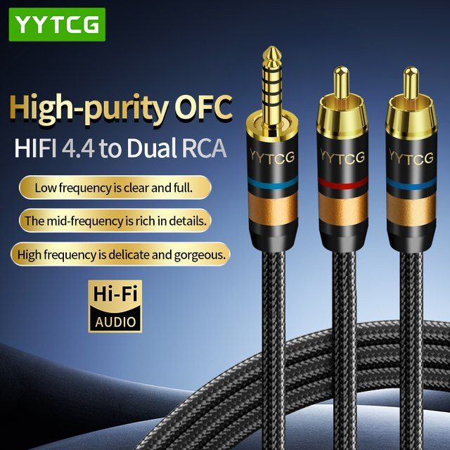YYTCG Hi-End OFC Audiokabel Schwarz mit 4,4 mm Klinkenstecker auf 2 RCA Aux-Stecker zur Anti-Lärm- und Anti-Interferenz-Übertragung für Kopfhörer und Lautsprecher - Bild 1