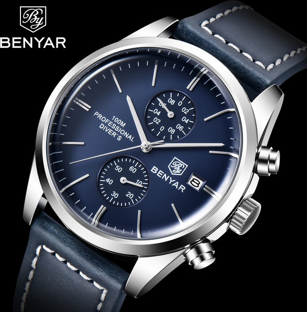 BENYAR Chronograph Armbanduhr, Quarz, Leder, Silber, Herren - Bild 1