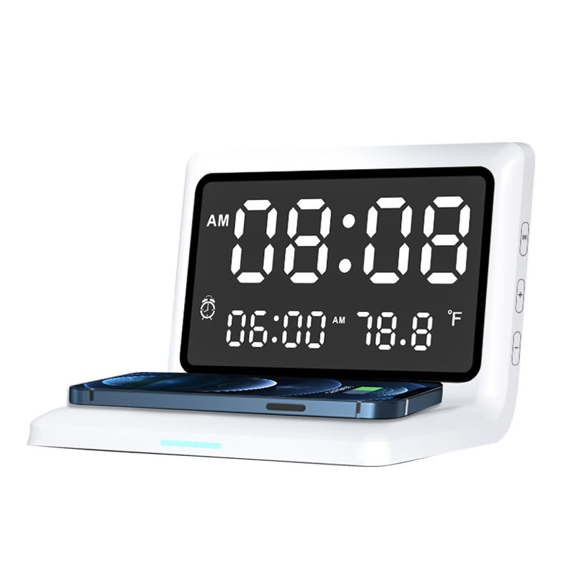 Tooarts Multifunktionale digitale Spiegeluhr mit 15 W kabellosem Ladewecker und dimmbarem Display in Schwarz - Bild 5