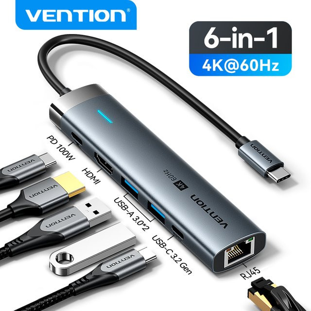 Vention USB C Hub mit HDMI 4K60Hz, RJ45 Ethernet und PD 100W Ladung, USB 3.0 Anschlüsse, Farbe: Grau - Bild 1