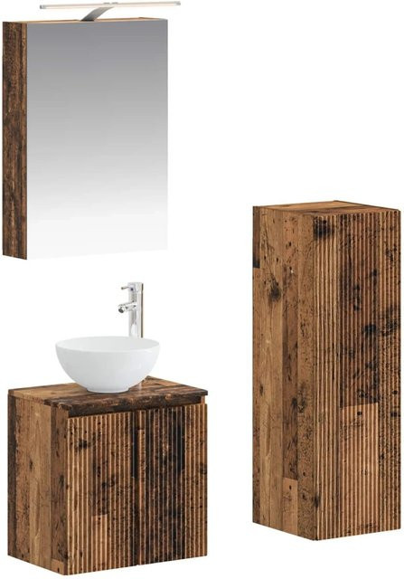 vidaXL Badezimmermöbel-Set 4-teilig aus Altholz und Glas in Braun mit LED-Beleuchtung und Spiegelschrank - Bild 1