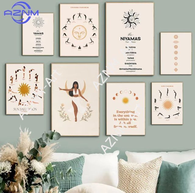 AZNM Modernes Yoga Wandbild als Leinwandmalerei in Beige für Zen und Fitness-Studio - Bild 1