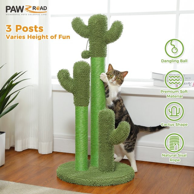 PAWZ Road Kaktus-Katzenkratzbaum in Grün mit 3 Sisal-Kratzstangen und integriertem Spielzeug mit baumelndem Ball - Bild 1