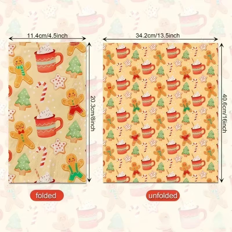 GUANYAO 20 Stück Papierservietten mit Lebkuchen-Motiv für Weihnachten und Geburtstag, 2-lagig, multicolour, B: 34,2 cm, L: 40,6 cm - Bild 2