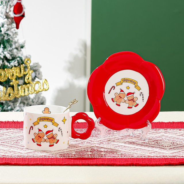 Yiran Furniture Weihnachtskeramiktasse Disc Set mit Untertasse und Löffel, Mehrfarbig, 280 ml - Bild 1