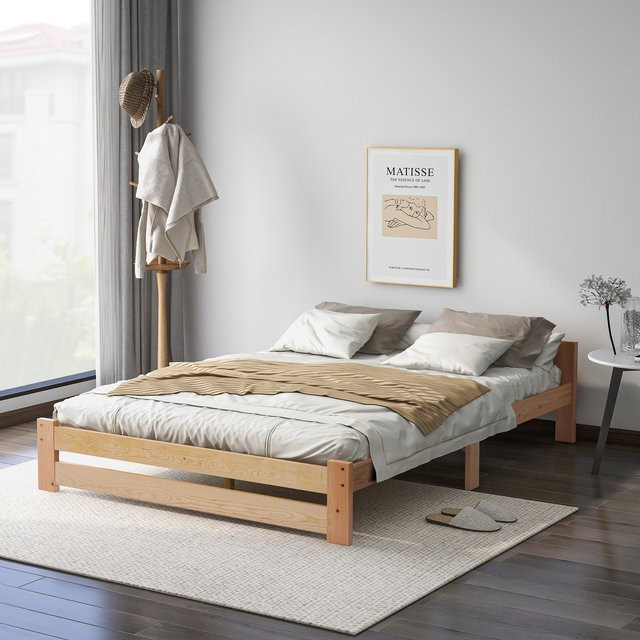 Modernes Futonbett aus Massivholz mit Kopfteil und Schiefergitter in Natur, B/T/H: 90 x 200 cm bis 140 x 200 cm - Bild 1