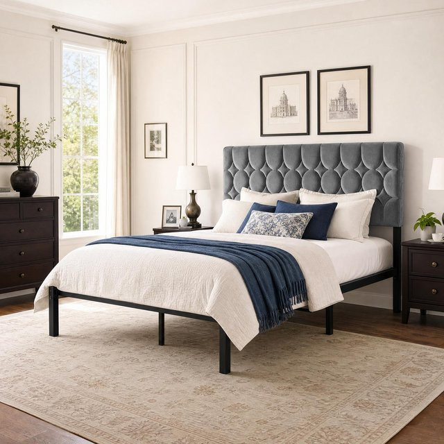 KUTAS Doppelbett mit Metallgestell und Lattenrost in Grau, B/T: 140 x 200 cm - Bild 1