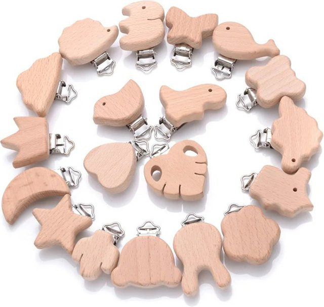 5er Set Schnullerketten aus Buche Holz und Metall in Braun mit Tier- und Herzmotiven für dein Baby - Bild 1
