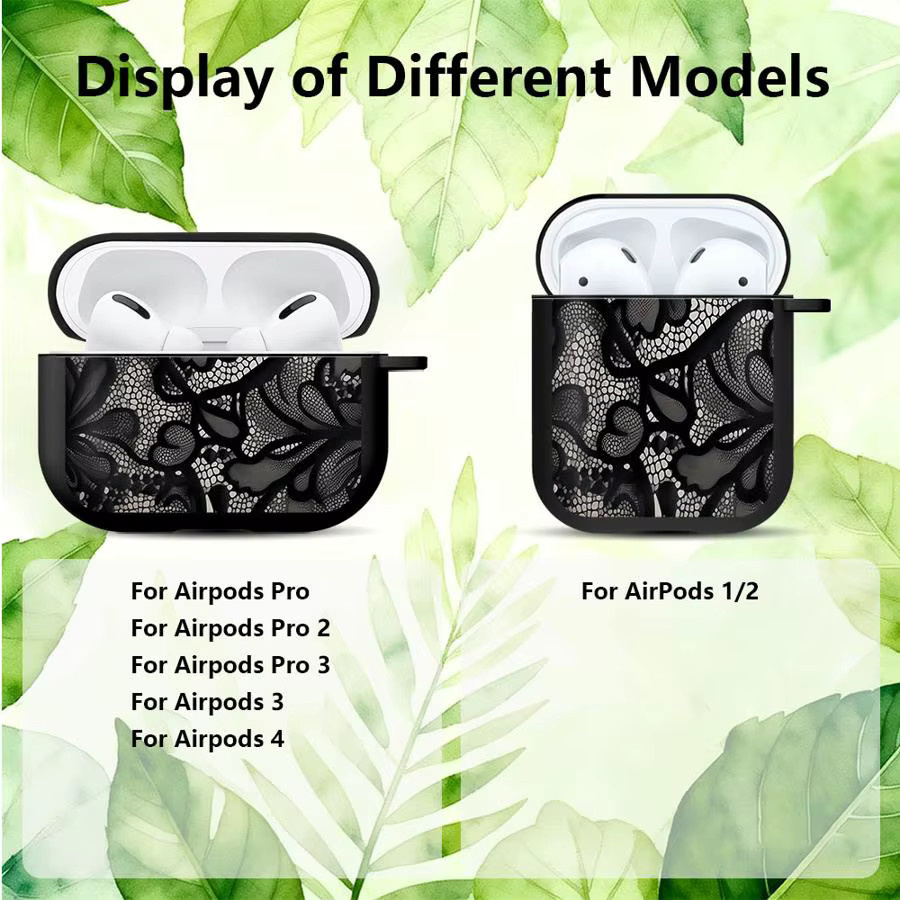 Apple AirPods Schutzhülle mit Cartoon-Spitzenblumenmuster in Schwarz für AirPods Pro, Pro 2, Pro 3, AirPods 1, 2 und 3 - Bild 2