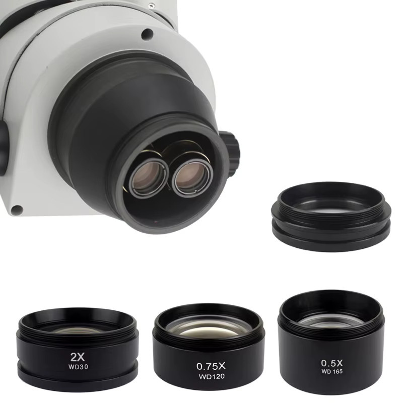 HIGH CLOUD Zusätzliches Objektivlinsen-Set WD165 mit Barlow-Glaslinsen 0,5X 0,7X 0,75X 1,5X 2,0X 48mm Gewinde für Stereo-Trinokularmikroskop in Schwarz - Bild 2