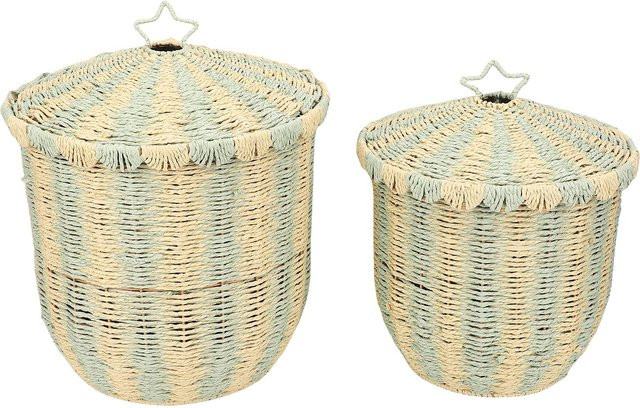2er-Pack Aimo Rattan Wäschekorb mit Deckel in Grün, Geflochtener Spielzeugkorb im Vintage-Design - Bild 1