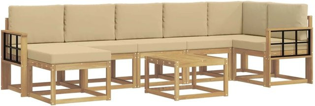 vidaXL Outdoor-Sofagarnitur 8-teilig in L-Form mit Kissen und Couchtisch aus Akazienholz in Weiß und Beige - Bild 1