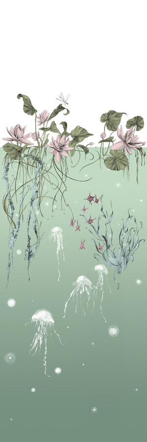 Edmond Petit Tapete Méduses gauche in Aqua mit maritimen und floralen Motiven - Bild 1