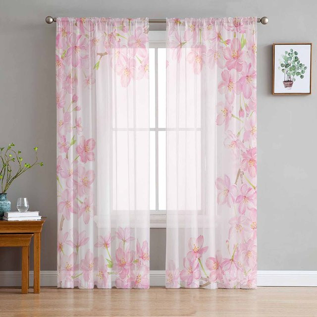 Transparente Vorhänge mit Aquarell-Kirschblütenmotiv aus Polyester, Farbe: Weiß/Transparent, Breite: 135 cm, Höhe: 215 cm - Bild 1