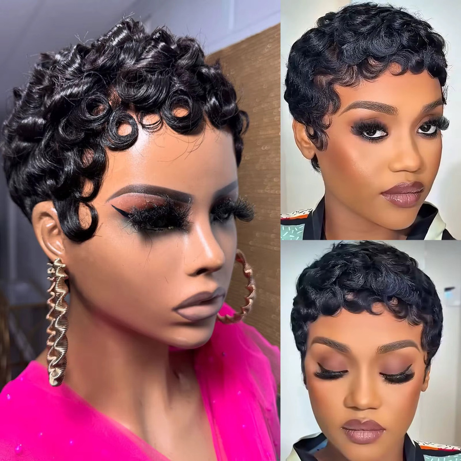 Cindi Leive Perücke, Pixie-Schnitt, schwarz, lockig, brasilianisches Remy-Haar, 150 % Dichte, Damen - Bild 2