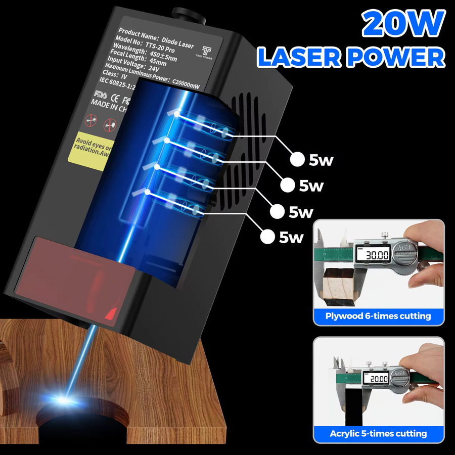 Twotrees TTS-20 Pro Lasergravurmaschine mit WLAN-Steuerung, 20W Laserschneidemaschine All-in-One-Gerät in Schwarz, Bearbeitungsbereich: 41,8 x 41,8 cm - Bild 6