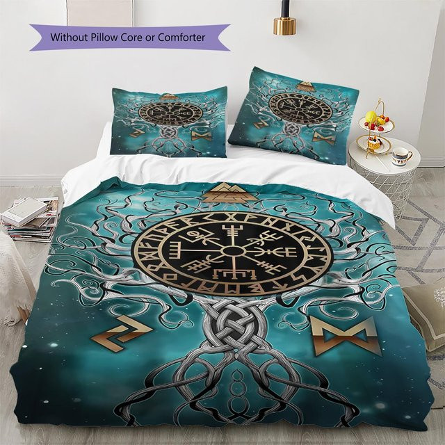 Bettwäsche Set mit Wikinger Symbol Muster in Türkis, bestehend aus 1 Bettbezug und 2 Kissenbezügen, B/H: 220 x 240 cm - Bild 1