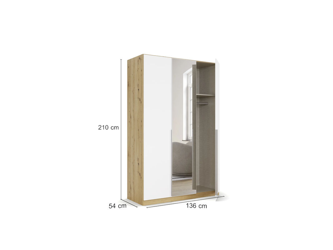 RAUCH Drehtürenschrank Alabama mit Spiegel, Weiß/Eiche Artisan, B/H: 136 x 210 cm - Bild 3