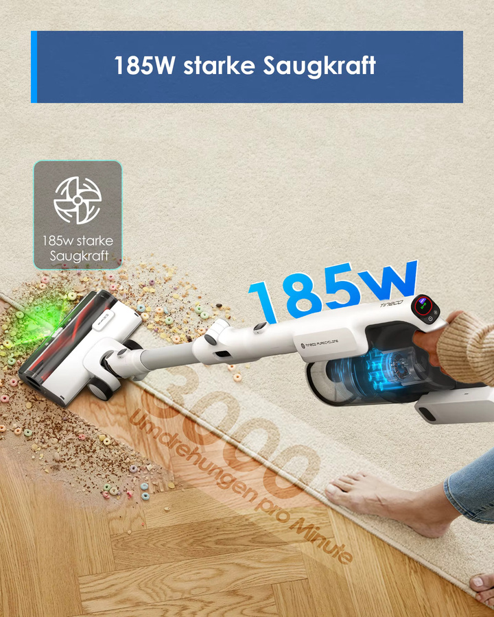 Tineco Pure ONE A50S Kabelloser Akku Stabstaubsauger in Weiß mit 185W Saugleistung, 3DSense Power Bürste und PureCyclone Technologie für Tierhaare - Bild 2