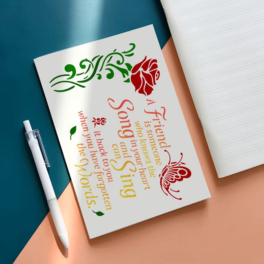 Wiederverwendbare PET-Schablone mit Freundschaftszitat, Schmetterling und Blumen für deine DIY-Heimdekoration - Bild 2