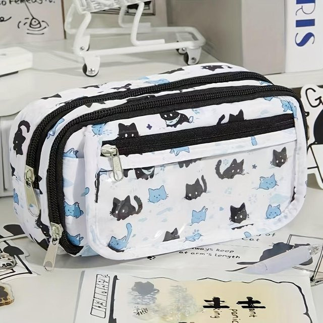 NATAWA Federmäppchen aus Canvas mit Schneekätzchen-Motiv in Weiß, Schwarz und Grau - Bild 1