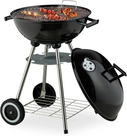 Relaxdays Kugelgrill aus Edelstahl und Stahl in Schwarz mit Deckel und Rollen, B/T/H: 77 x 44 x 51 cm