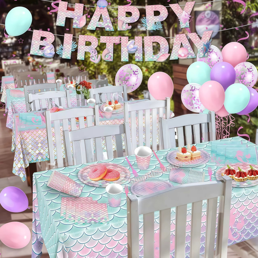 Meerjungfrau-Geburtstagsparty-Dekorationen, Teller, Becher, Servietten, Ballons, Banner, Partydeko, Babyparty-Zubehör - Bild 2