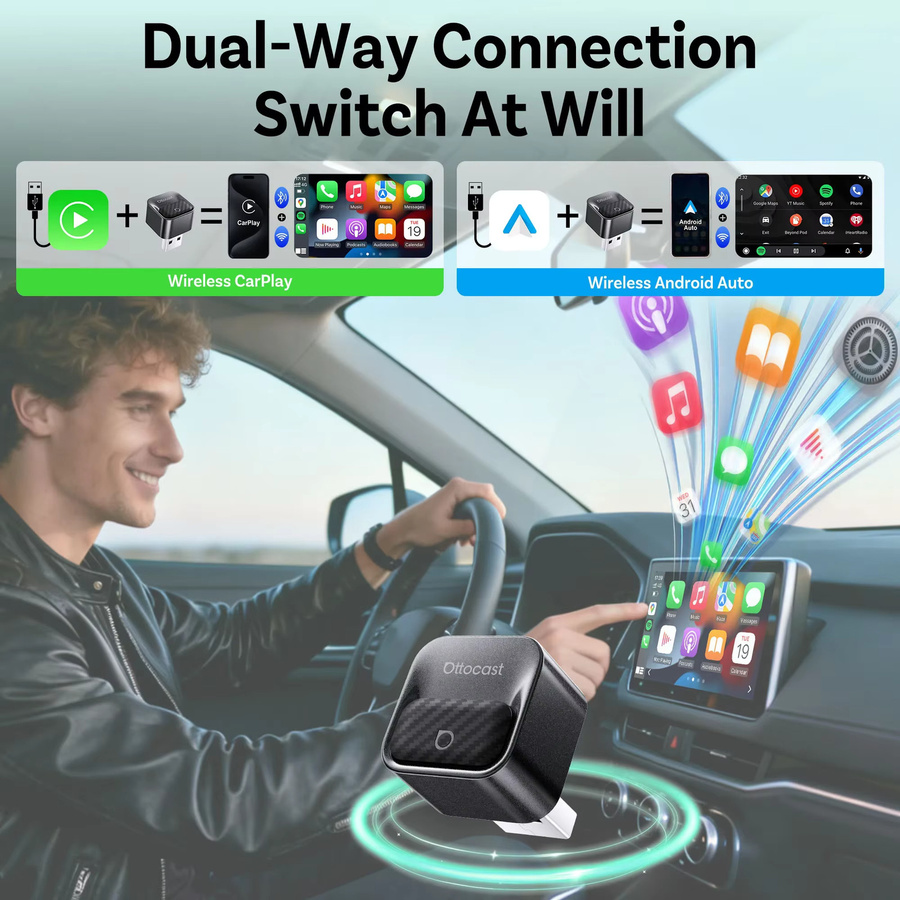 Ottocast 2026 Mini Core Kabelloser CarPlay und Android Auto Adapter 2-in-1 3.0 Cube Dongle in Schwarz für Kia Benz VW Toyota MG - Bild 3