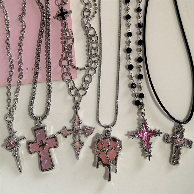 imixlot Halskette, Rosa Kreuz Herz Anhänger, Silber, Damen - Bild 1