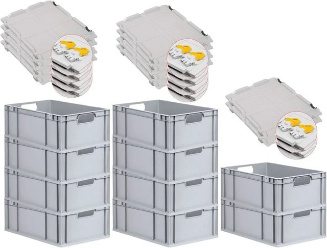 PROREGAL Spar Set 10x Eurobox Nextgen Economy mit Scharnierdeckel und gelben Schiebeschnappverschlüssen, Grau/Gelb, H x B x T: 22 x 40 x 60 cm, 44 Liter - Bild 1