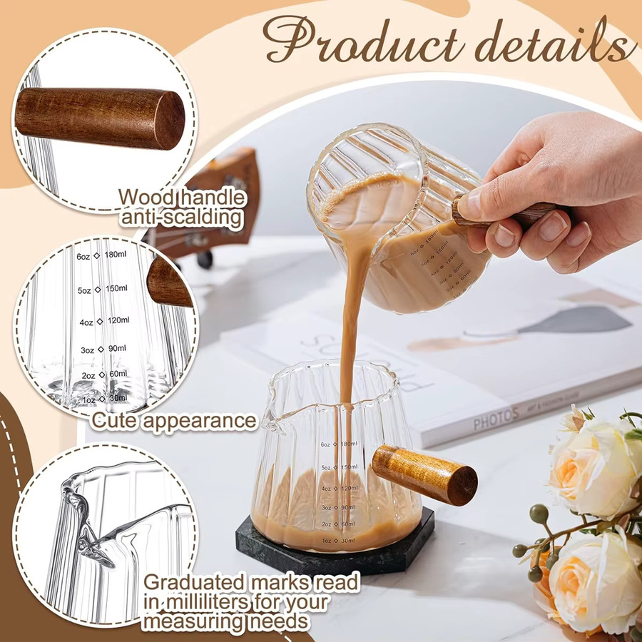 Leeseph Glas-Milchbecher mit Holzgriff, transparenter Espresso-Kaffeetassen-Becher und Sahnekrug, 180 ml - Bild 2