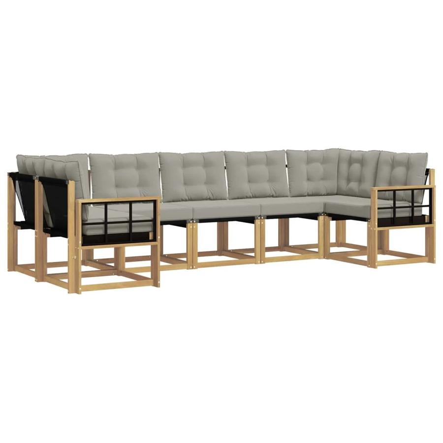 vidaXL Outdoor-Sofagarnitur 7-teilig in L-Form aus Akazienholz mit Textilene-Bezug und Kissen in Weiß und Hellgrau - Bild 2