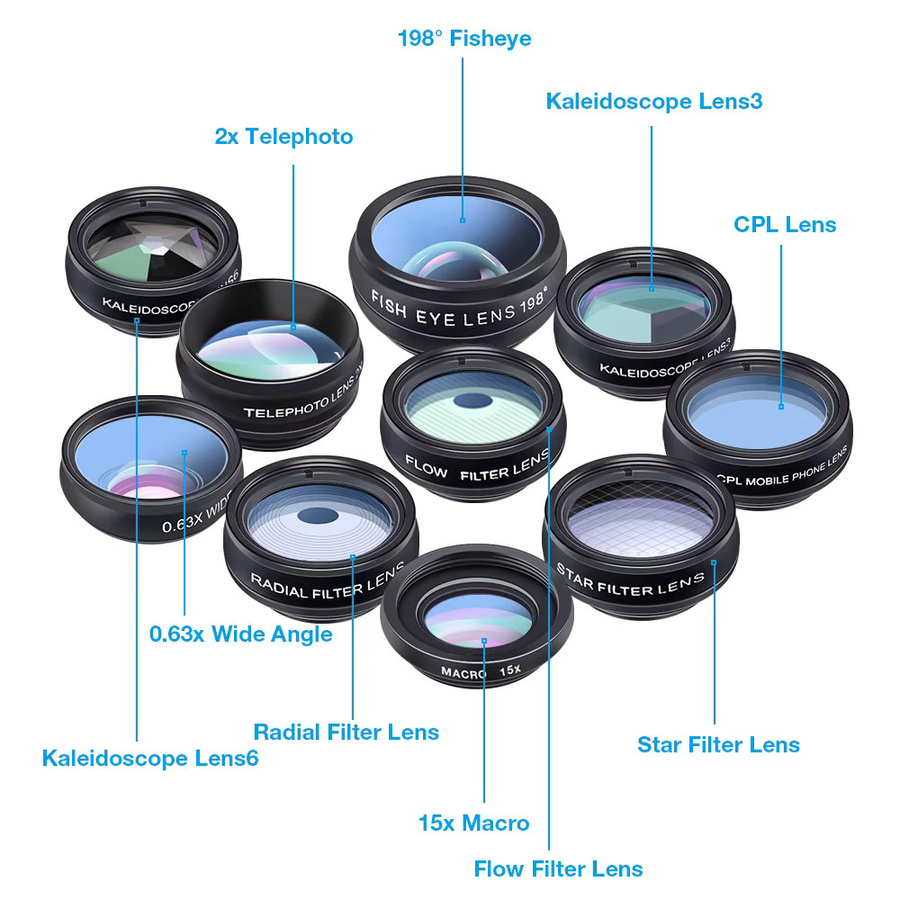APEXEL 10-in-1 Smartphone Kameraobjektiv-Set mit Fisheye, Weitwinkel, Makro, Teleskop und CPL-Filter in Schwarz - Bild 2